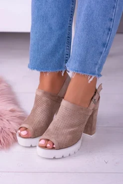 Lu Boo Beżowe Zamszowe Sandały na Słupku Emare