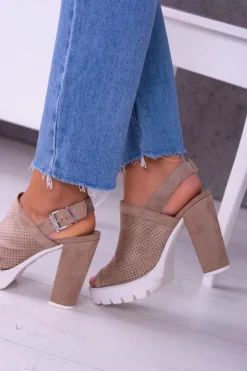 Lu Boo Beżowe Zamszowe Sandały na Słupku Emare