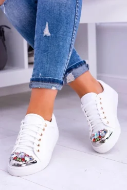 Lu Boo Białe Trampki z Błyszczącymi Kryształami