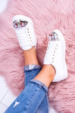 Lu Boo Białe Trampki z Błyszczącymi Kryształami