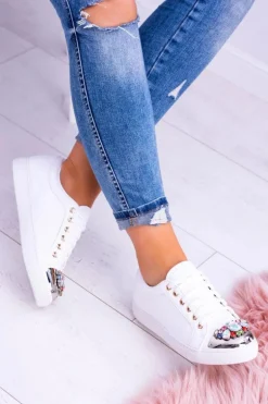 Lu Boo Białe Trampki z Błyszczącymi Kryształami