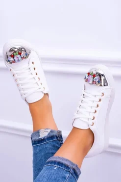 Lu Boo Białe Trampki z Błyszczącymi Kryształami