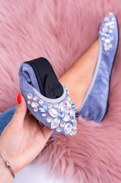 Lu Boo Błękitne Zamszowe Balerinki na Gumce Kamienie Even