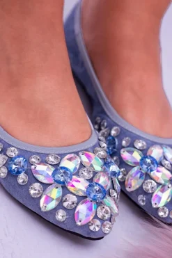 Lu Boo Błękitne Zamszowe Balerinki na Gumce Kamienie Even