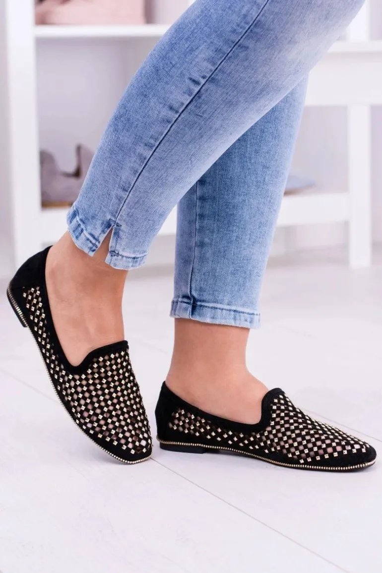 Lu Boo Czarne Ażurowe Baleriny Lordsy Ćwieki Carmar