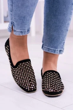 Lu Boo Czarne Ażurowe Baleriny Lordsy Ćwieki Carmar
