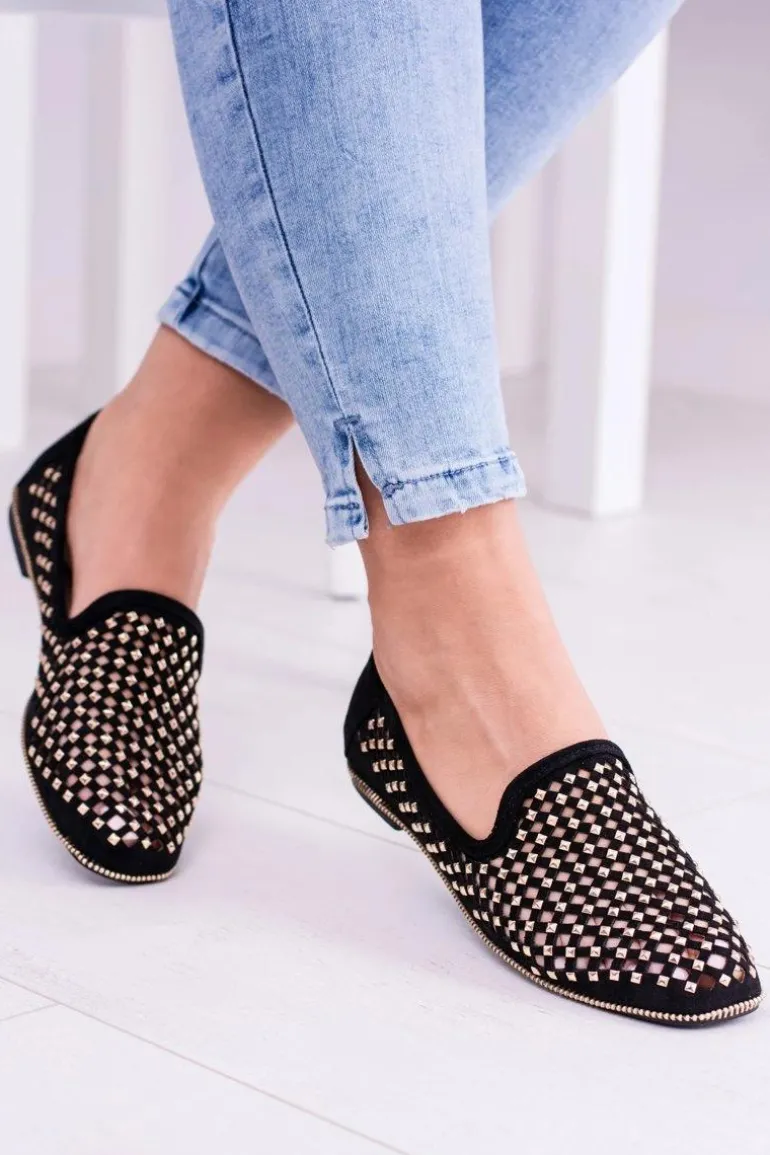Lu Boo Czarne Ażurowe Baleriny Lordsy Ćwieki Carmar
