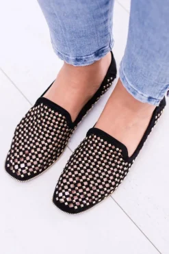 Lu Boo Czarne Ażurowe Baleriny Lordsy Ćwieki Carmar