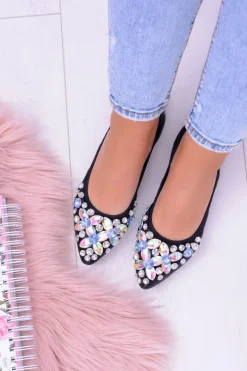 Lu Boo Czarne Balerinki na Gumce Kamienie Even