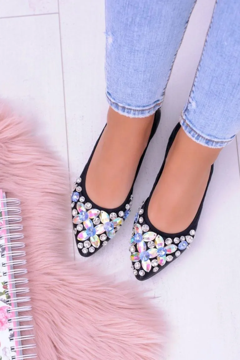 Lu Boo Czarne Balerinki na Gumce Kamienie Even