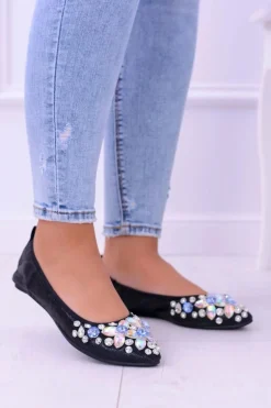 Lu Boo Czarne Balerinki na Gumce Kamienie Even