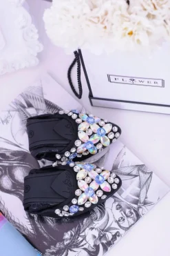 Lu Boo Czarne Balerinki na Gumce Kamienie Even