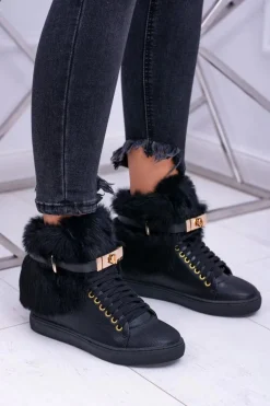 Lu Boo Czarne Botki z Naturalnym Futrem Gisele
