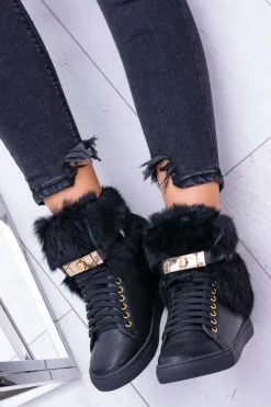 Lu Boo Czarne Botki z Naturalnym Futrem Gisele