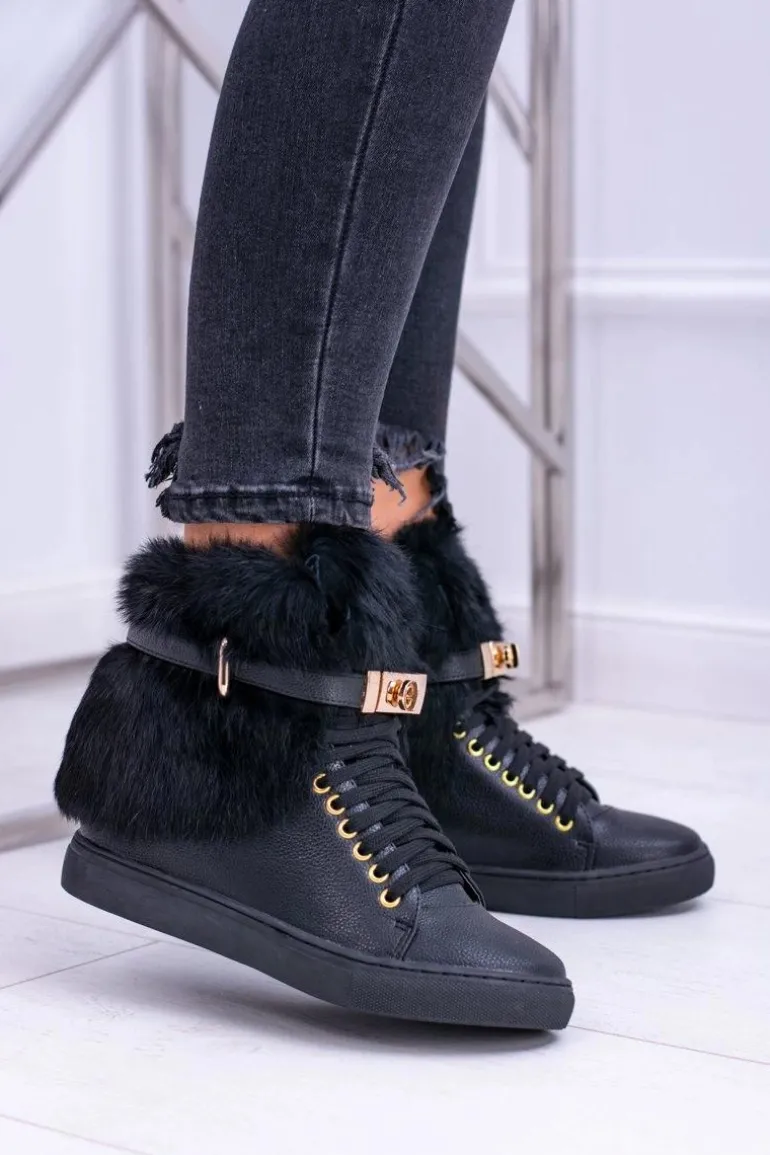 Lu Boo Czarne Botki z Naturalnym Futrem Gisele