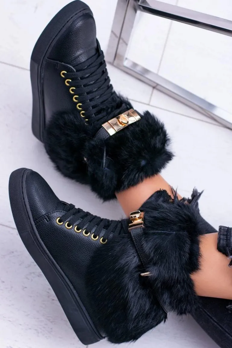 Lu Boo Czarne Botki z Naturalnym Futrem Gisele