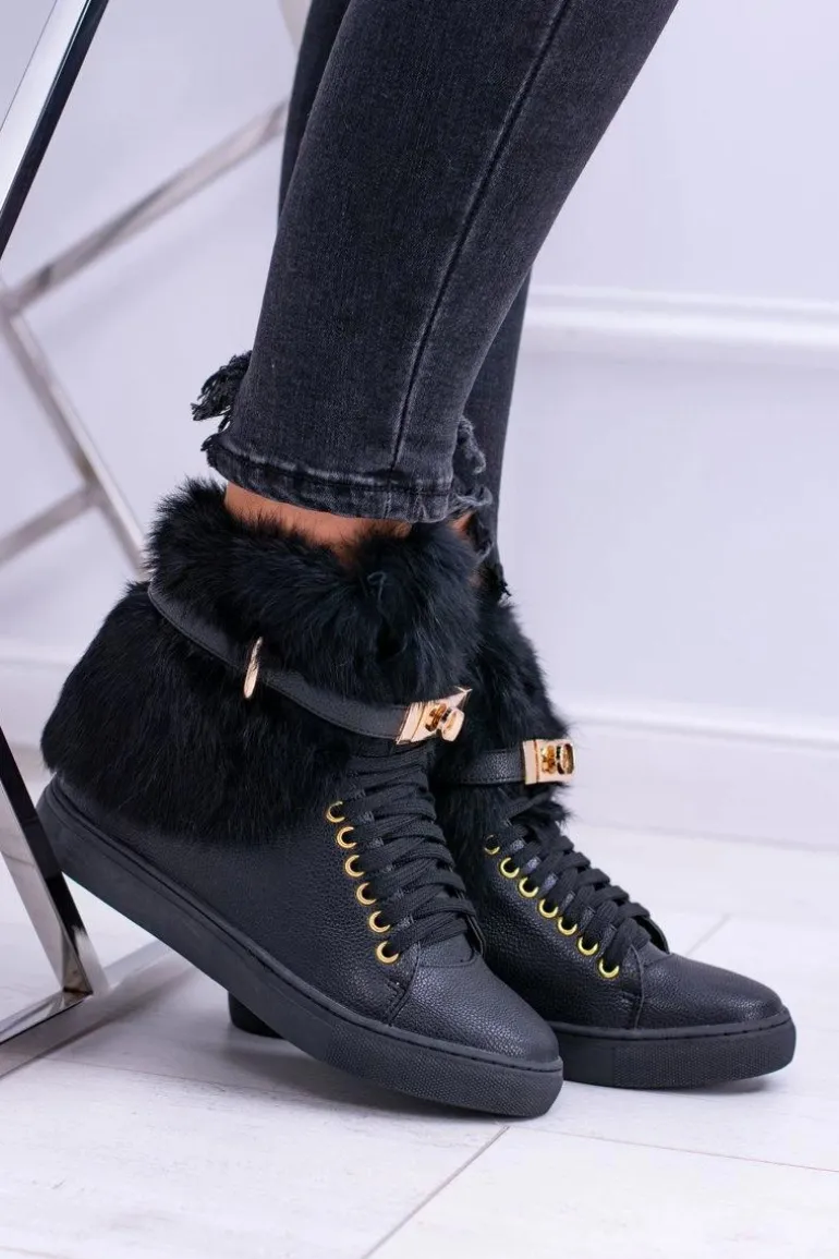 Lu Boo Czarne Botki z Naturalnym Futrem Gisele