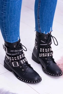 Lu Boo Czarne Botki z Ćwiekami Zamek Klamry