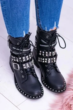 Lu Boo Czarne Botki z Ćwiekami Zamek Klamry