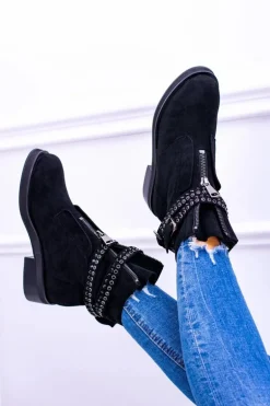 Lu Boo Czarne Damskie Botki Suwak Cekiny Rafell