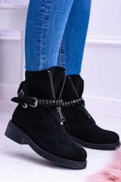 Lu Boo Czarne Damskie Botki Suwak Cekiny Rafell