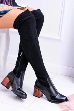 Lu Boo Czarne Damskie Kozaki Na Słupku Zamsz Lakier Jess