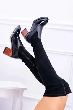 Lu Boo Czarne Damskie Kozaki Na Słupku Zamsz Lakier Jess