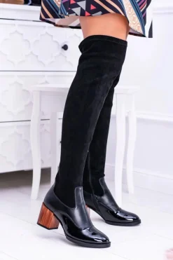 Lu Boo Czarne Damskie Kozaki Na Słupku Zamsz Lakier Jess