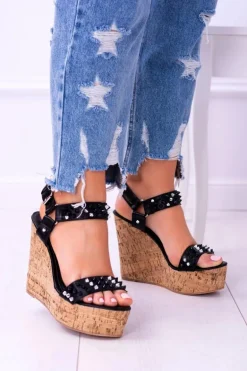 Lu Boo Czarne Damskie Sandały Na Koturnie Ćwieki Valeria