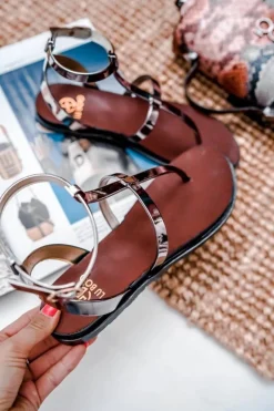 Lu Boo Czarne Lustrzane Sandałki Rzymianki Japonki Lento