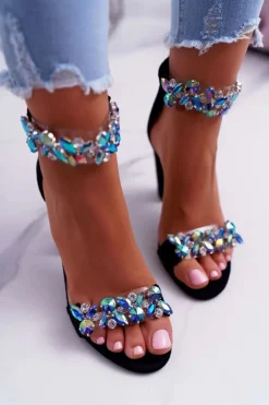 Lu Boo Czarne Sandały Cyrkonie Zamsz Lambada