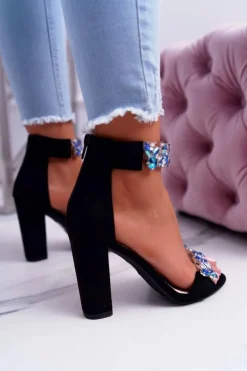 Lu Boo Czarne Sandały Cyrkonie Zamsz Lambada