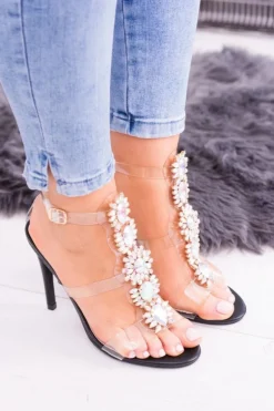 Lu Boo Czarne Sandały Na Szpilce Cyrkonie Serenada