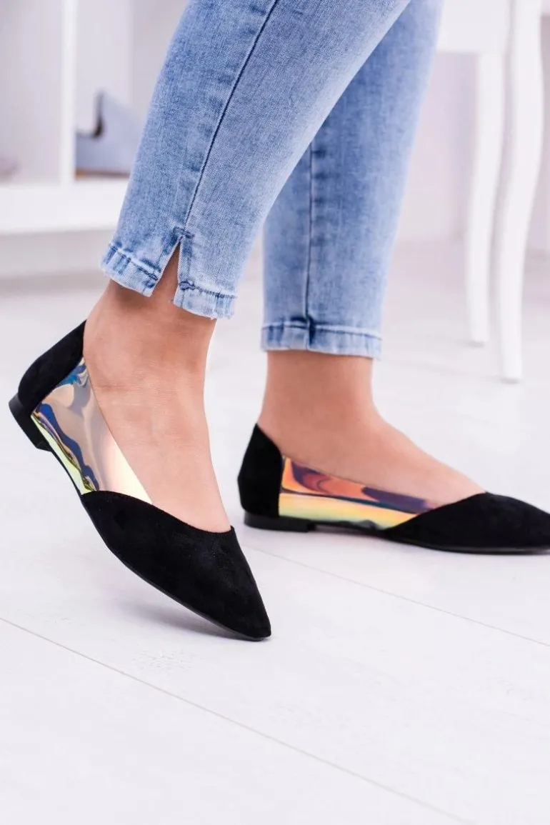 Lu Boo Czarne Transparentne Holograficzne Balerinki w Szpic Venessa