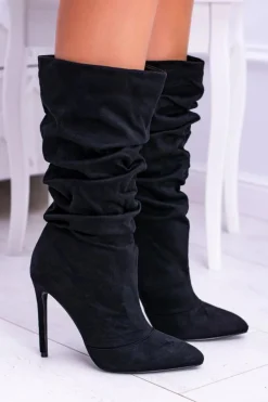 Lu Boo Czarne Wysokie Zamszowe Botki na Szpilce Bellisario