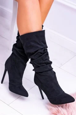 Lu Boo Czarne Wysokie Zamszowe Botki na Szpilce Bellisario