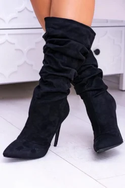 Lu Boo Czarne Wysokie Zamszowe Botki na Szpilce Bellisario