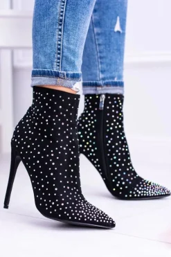 Lu Boo Czarne Wysokie Zamszowe Botki na Szpilce Cyrkonie Cubano