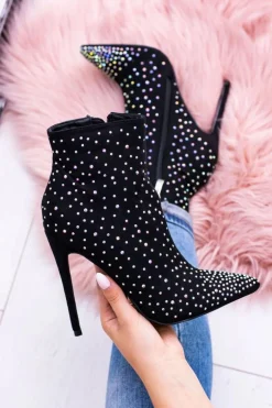 Lu Boo Czarne Wysokie Zamszowe Botki na Szpilce Cyrkonie Cubano