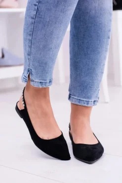 Lu Boo Czarne Zamszowe Balerinki w Szpic Cyrkonie Macron