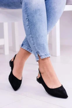 Lu Boo Czarne Zamszowe Balerinki w Szpic Cyrkonie Macron