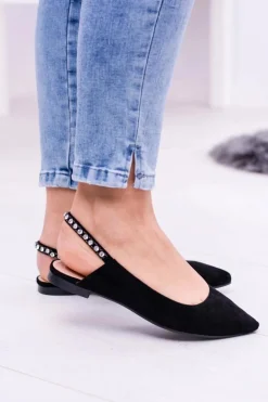 Lu Boo Czarne Zamszowe Balerinki w Szpic Cyrkonie Macron