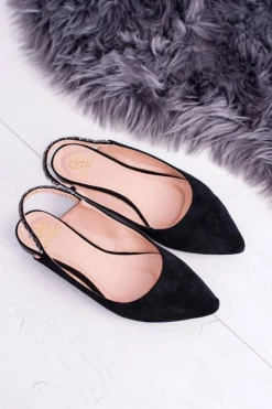 Lu Boo Czarne Zamszowe Balerinki w Szpic Cyrkonie Macron
