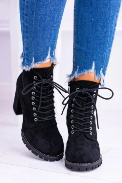 Lu Boo Czarne Zamszowe Botki na Słupku Cyrkonie Halsey