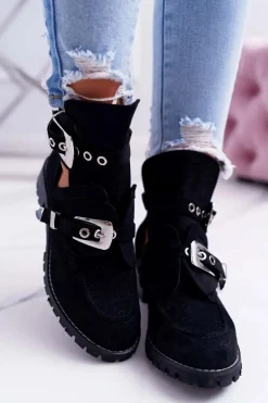 Lu Boo Czarne Zamszowe Botki Z Wycięciami Rock Girl