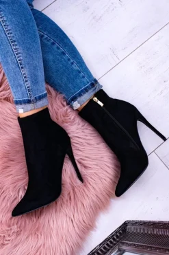 Lu Boo Czarne Zamszowe Botki na Szpilce Veneci