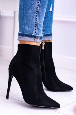 Lu Boo Czarne Zamszowe Botki na Szpilce Veneci