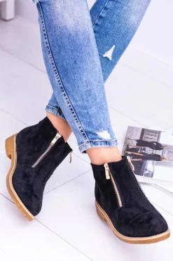 Lu Boo Czarne Zamszowe Damskie Botki Z Suwakami Inez