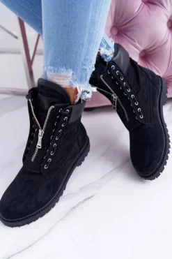 Lu Boo Czarne Zamszowe Damskie Timberki Trapery Suwaki Nancy