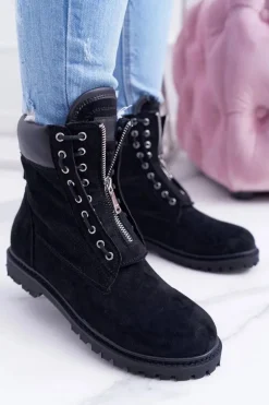 Lu Boo Czarne Zamszowe Damskie Timberki Trapery Suwaki Nancy